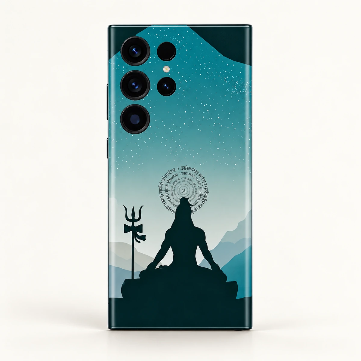 Har Har Mahadev Teal Mountain Meditation Mobile Skin - Mantra detail Close view of meditating Shiva trishul and circular mantra artwork on teal mobile skin