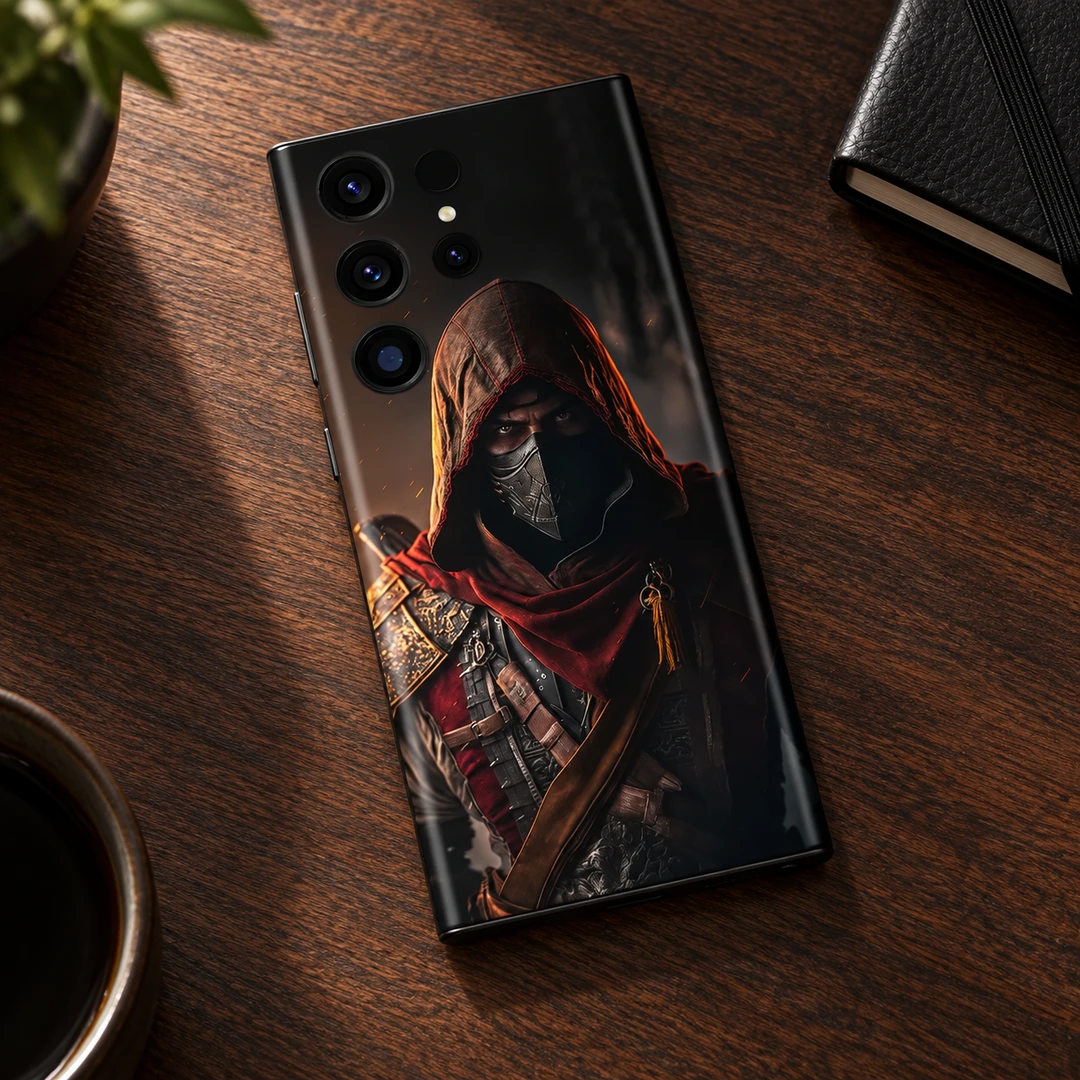 Hooded Assassin Mobile Skin - Walnut Desk Flat Lay Hooded Assassin Mobile Skin shown in walnut desk flat lay