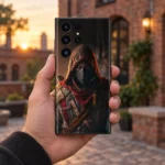 Hooded Assassin Mobile Skin shown in sunset courtyard handheld view