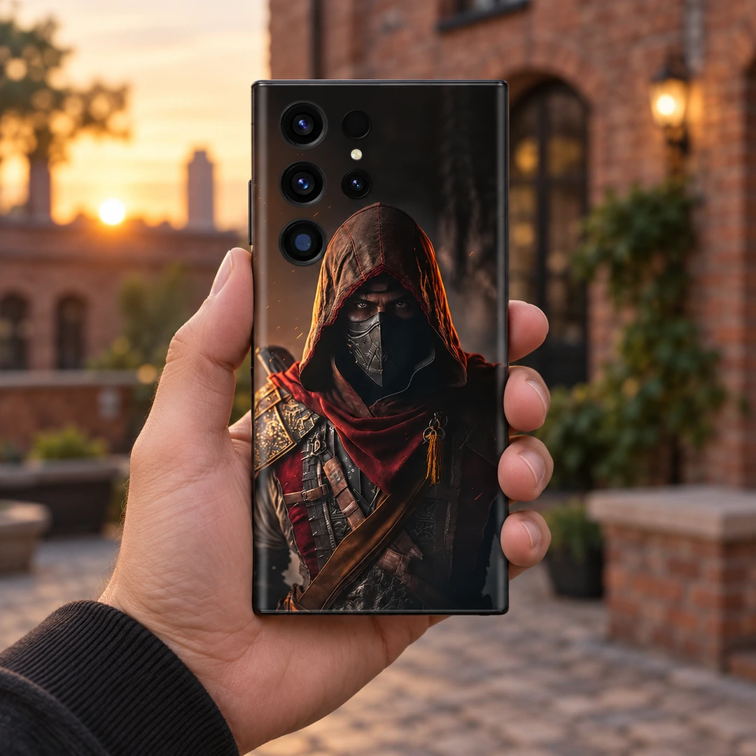 Hooded Assassin Mobile Skin - Sunset Courtyard Handheld View Hooded Assassin Mobile Skin shown in sunset courtyard handheld view