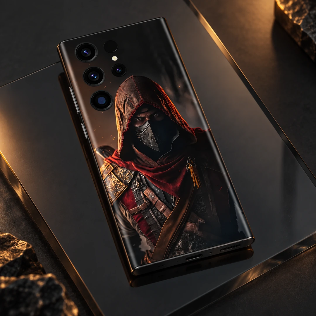 Hooded Assassin Mobile Skin - Smoked Glass Detail Hooded Assassin Mobile Skin shown in smoked glass detail