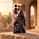 Hooded assassin mobile skin with bronze armor and burgundy scarf, archway angle view