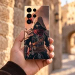 Hooded assassin mobile skin with bronze armor and burgundy scarf, handheld view