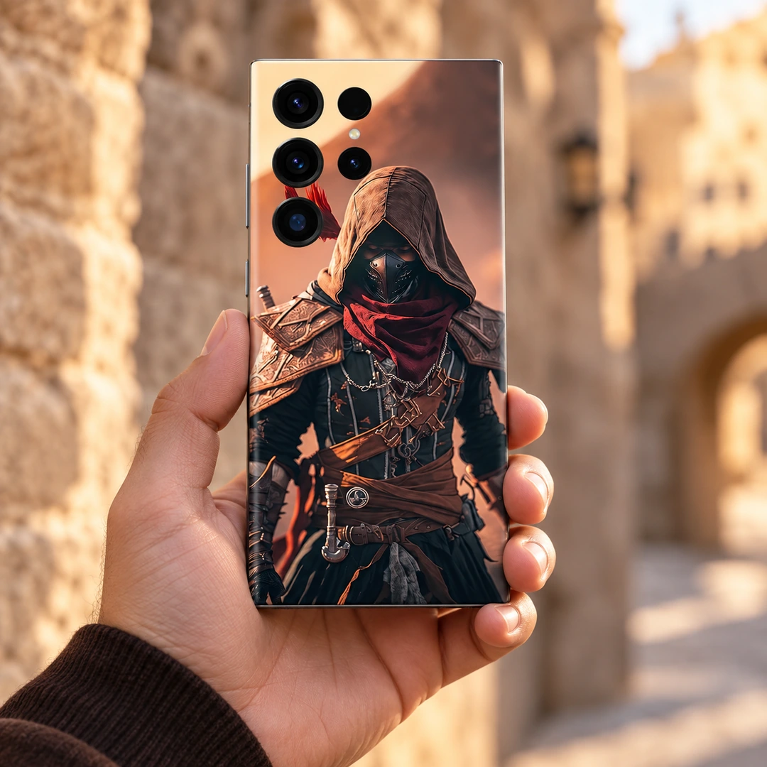 Hooded Assassin Mobile Skin – handheld Hooded assassin mobile skin with bronze armor and burgundy scarf, handheld view