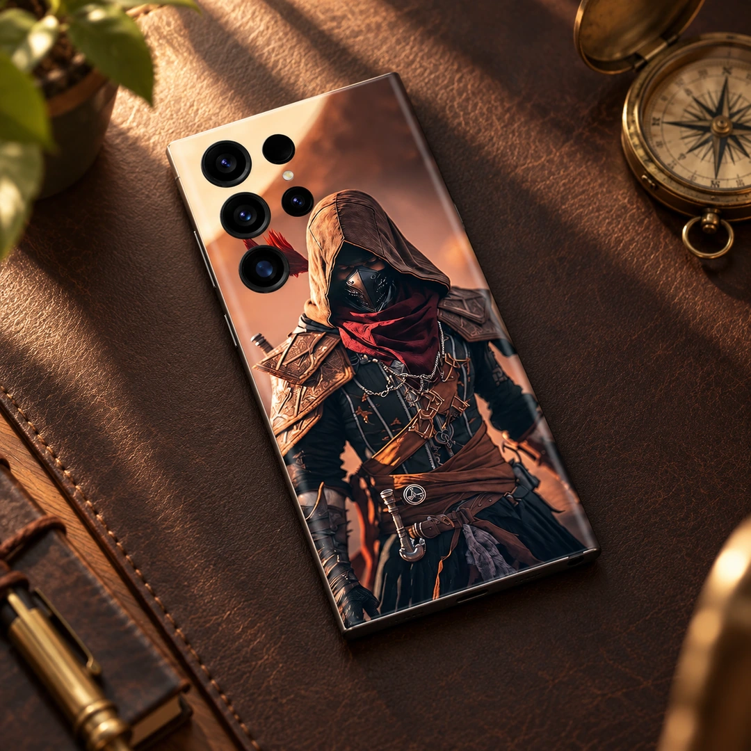 Hooded Assassin Mobile Skin – leather flatlay Hooded assassin mobile skin with bronze armor and burgundy scarf, leather flatlay view