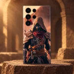 Hooded assassin mobile skin with bronze armor and burgundy scarf, sandstone hero view