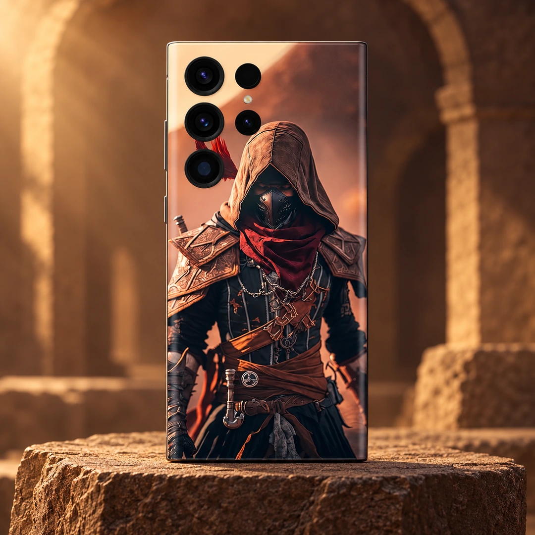Hooded Assassin Mobile Skin – sandstone hero Hooded assassin mobile skin with bronze armor and burgundy scarf, sandstone hero view