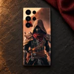 Hooded assassin mobile skin with bronze armor and burgundy scarf, slate overhead view