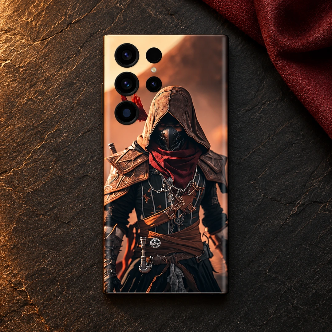 Hooded Assassin Mobile Skin – slate overhead Hooded assassin mobile skin with bronze armor and burgundy scarf, slate overhead view