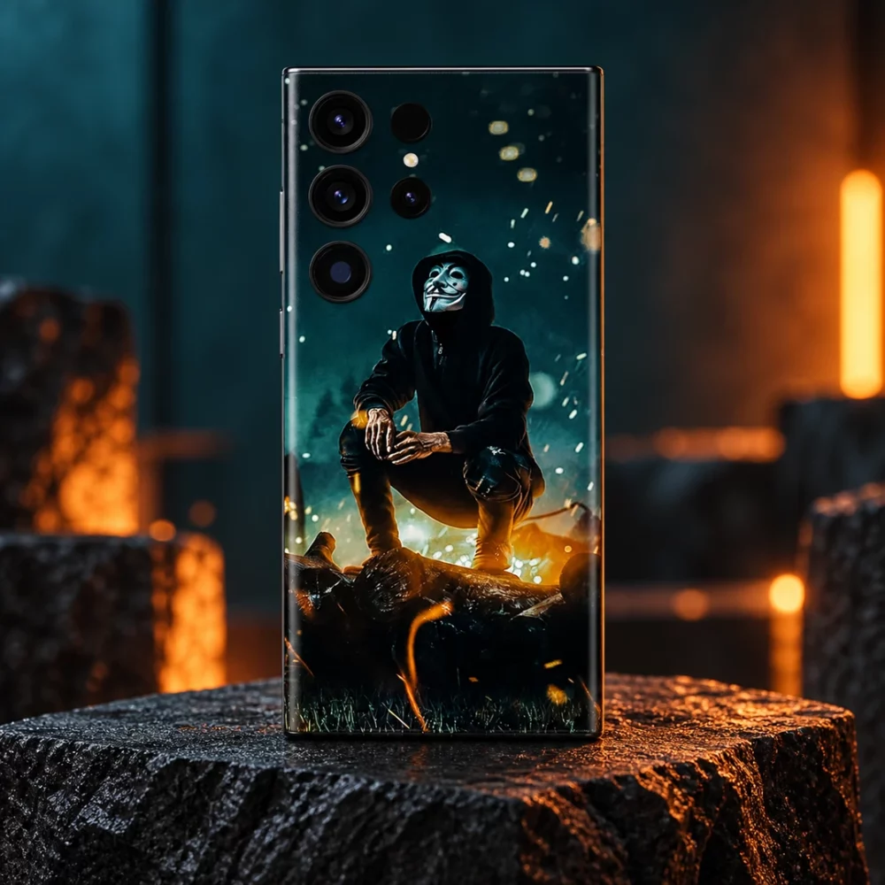 Dark teal mobile skin with hooded figure wearing a white smiling mask, teal studio hero