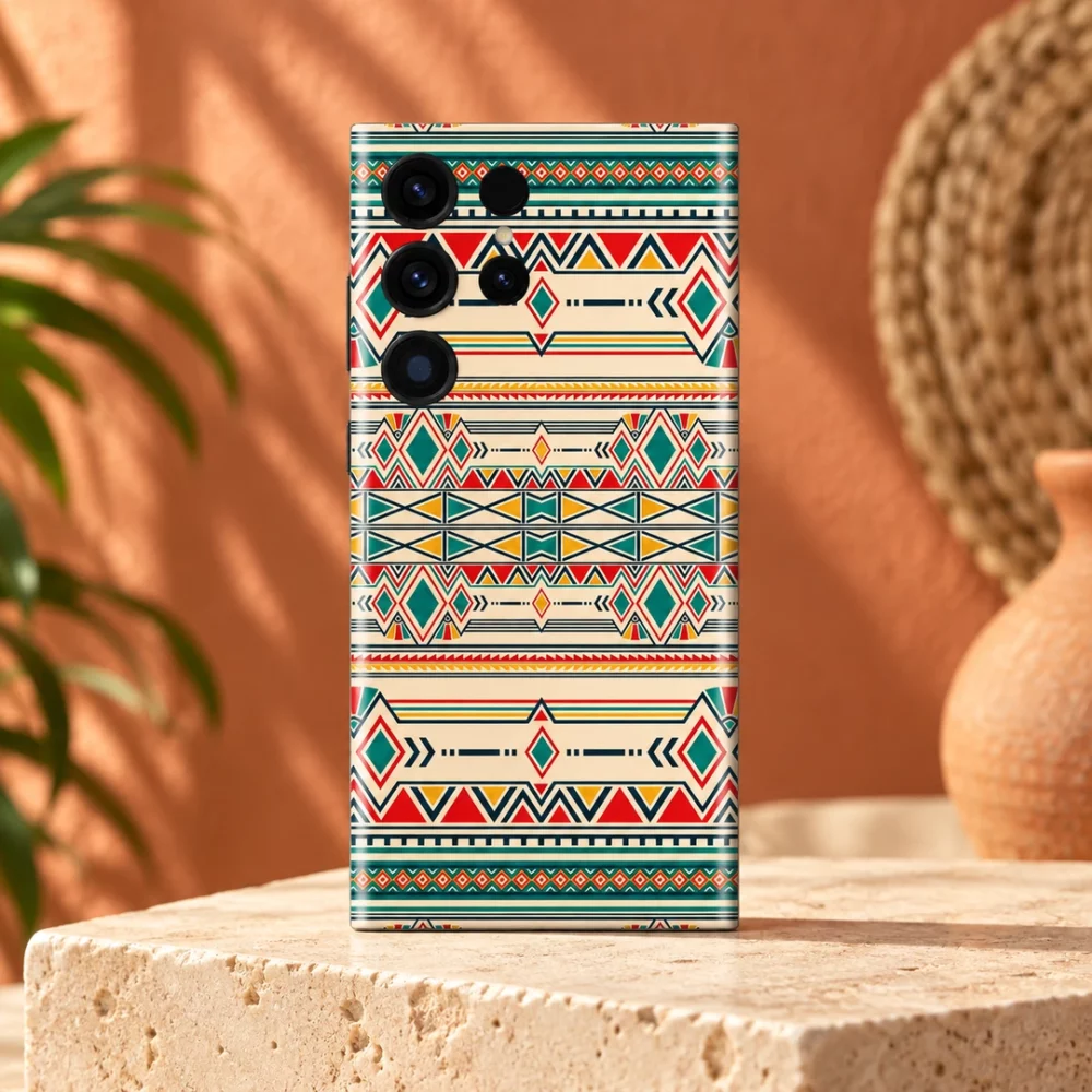 Ikat Geometric Pattern Mobile Skin shown on a terracotta studio pedestal