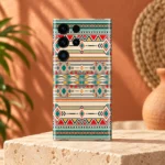 Ikat Geometric Pattern Mobile Skin shown on a terracotta studio pedestal