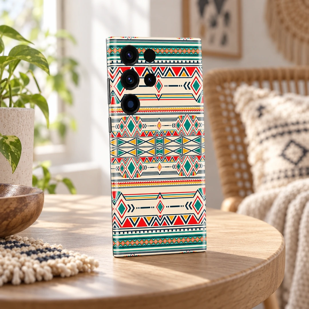 Ikat Geometric Pattern Mobile Skin - in a bohemian living room Ikat Geometric Pattern Mobile Skin shown in a bohemian living room