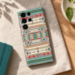 Ikat Geometric Pattern Mobile Skin shown in a linen desk flat lay