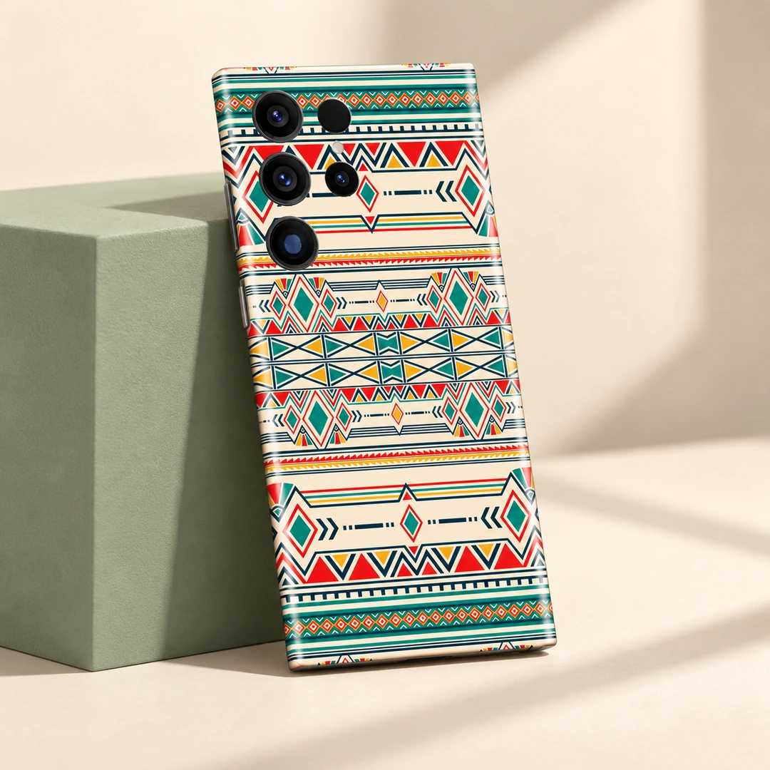 Ikat Geometric Pattern Mobile Skin - in a cream and sage studio Ikat Geometric Pattern Mobile Skin shown in a cream and sage studio