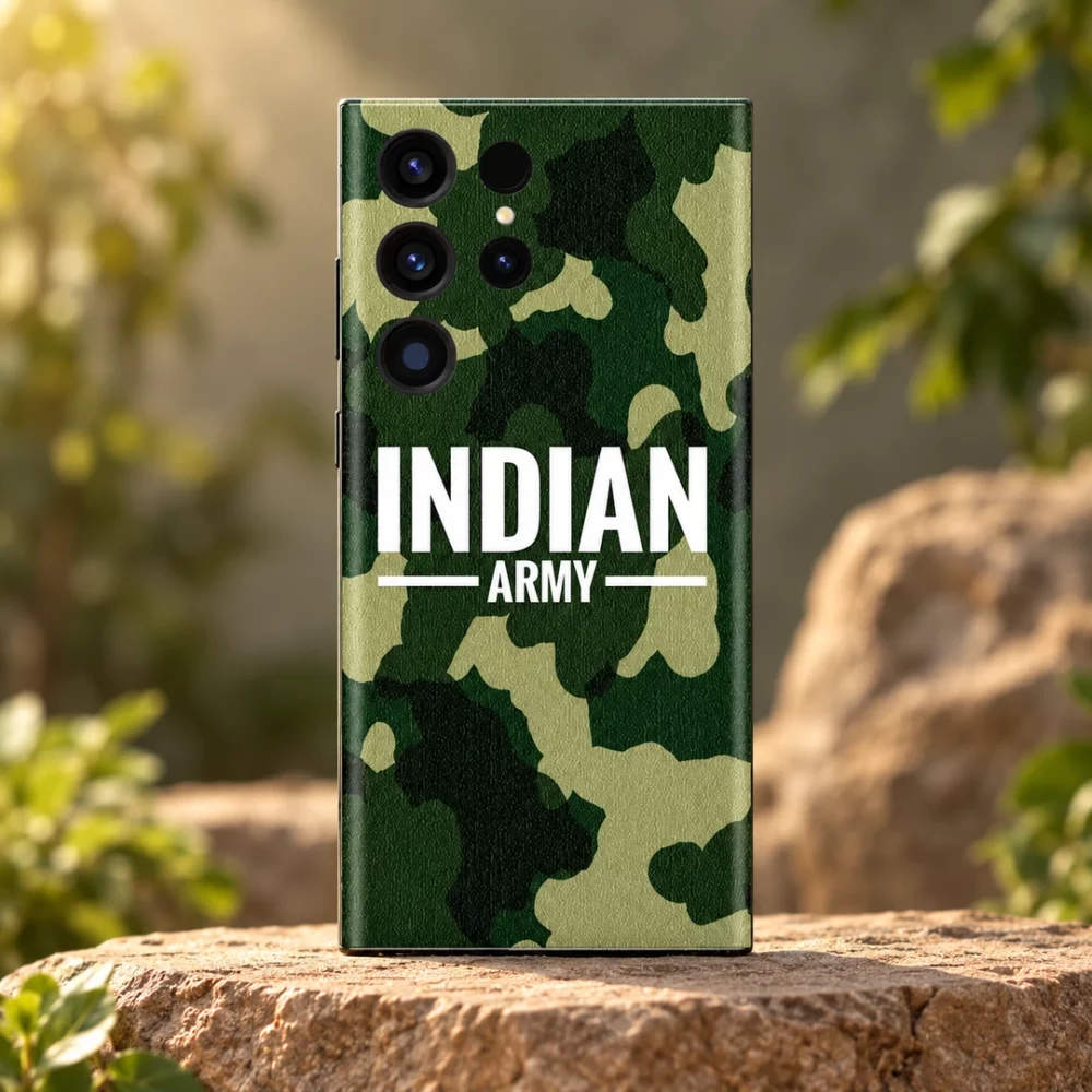 Indian Army mobile skin with green camouflage and white INDIAN ARMY lettering - outdoor hero