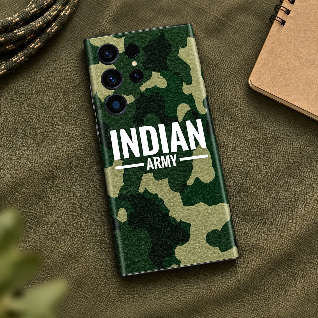Indian Army Camouflage Mobile Skin - Canvas flat lay Indian Army mobile skin with green camouflage and white INDIAN ARMY lettering - canvas flat lay