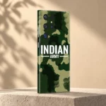 Indian Army mobile skin with green camouflage and white INDIAN ARMY lettering - studio rear angle