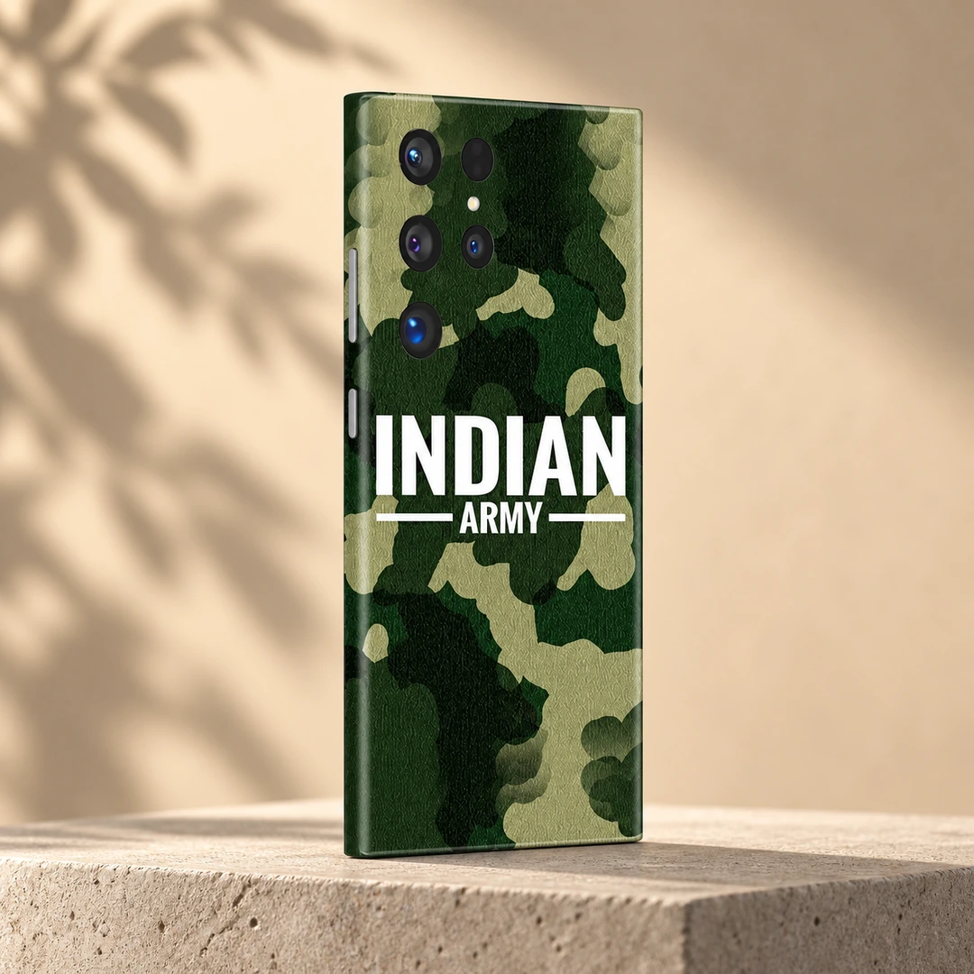 Indian Army Camouflage Mobile Skin - Studio rear angle Indian Army mobile skin with green camouflage and white INDIAN ARMY lettering - studio rear angle