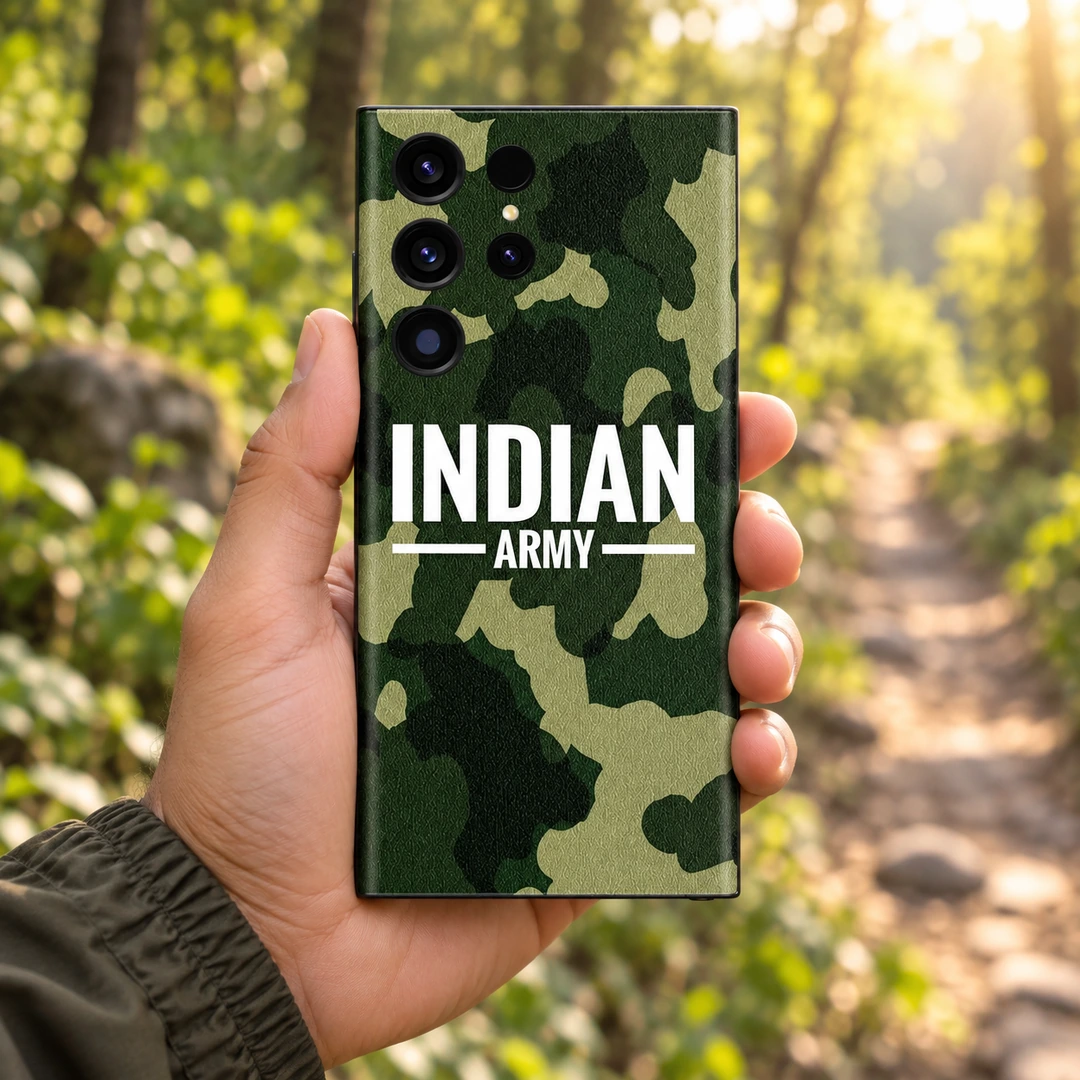 Indian Army Camouflage Mobile Skin - Trail handheld Indian Army mobile skin with green camouflage and white INDIAN ARMY lettering - trail handheld