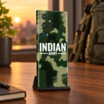 Indian Army mobile skin with green camouflage and white INDIAN ARMY lettering - warm desk view