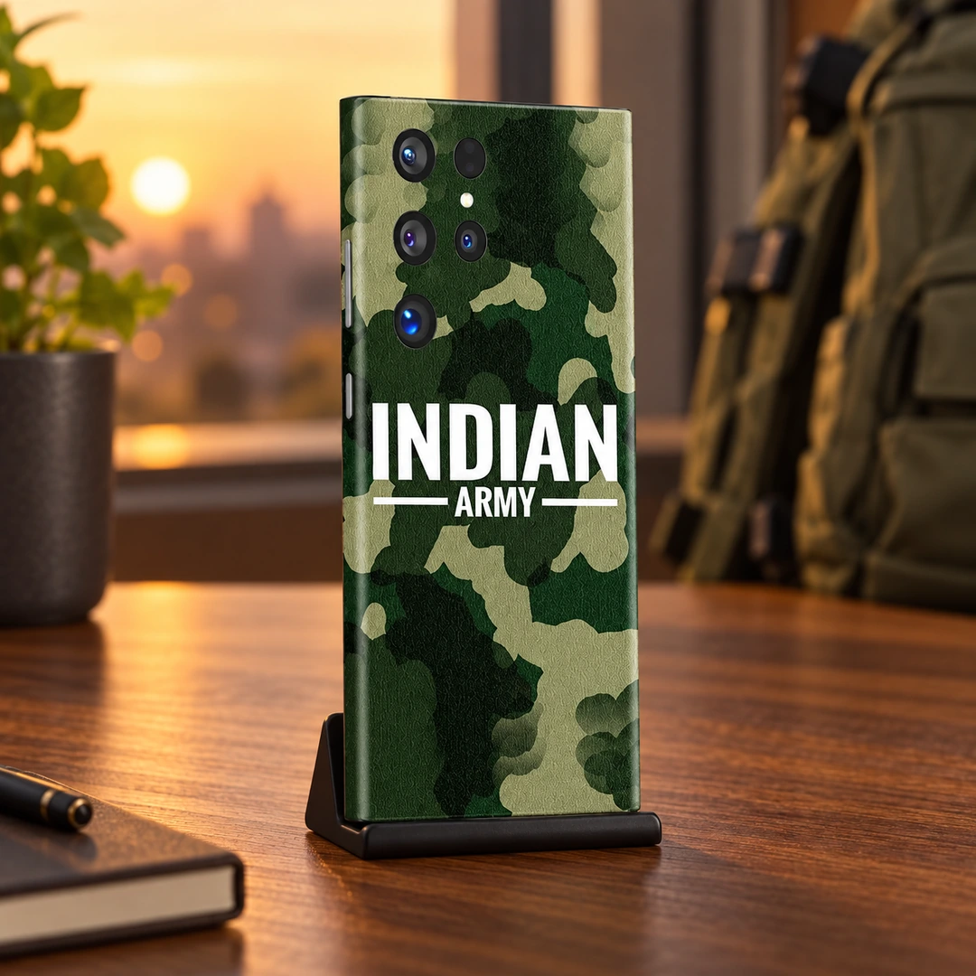 Indian Army Camouflage Mobile Skin - Warm desk view Indian Army mobile skin with green camouflage and white INDIAN ARMY lettering - warm desk view