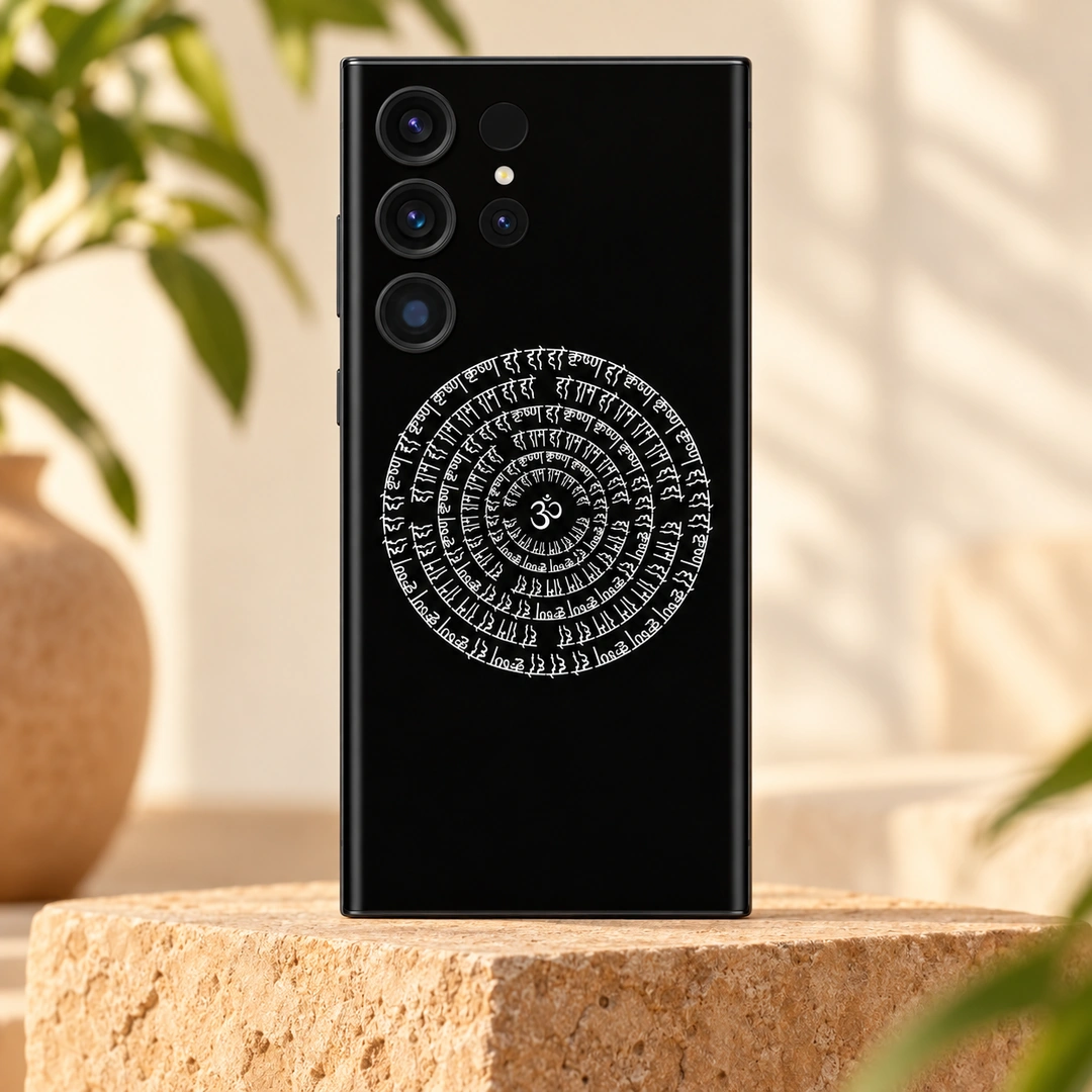 Indian Om Mantra Mandala Mobile Skin - Sandstone Studio Hero Black Indian mandala mobile skin with white Om and circular Devanagari mantra, sandstone studio hero