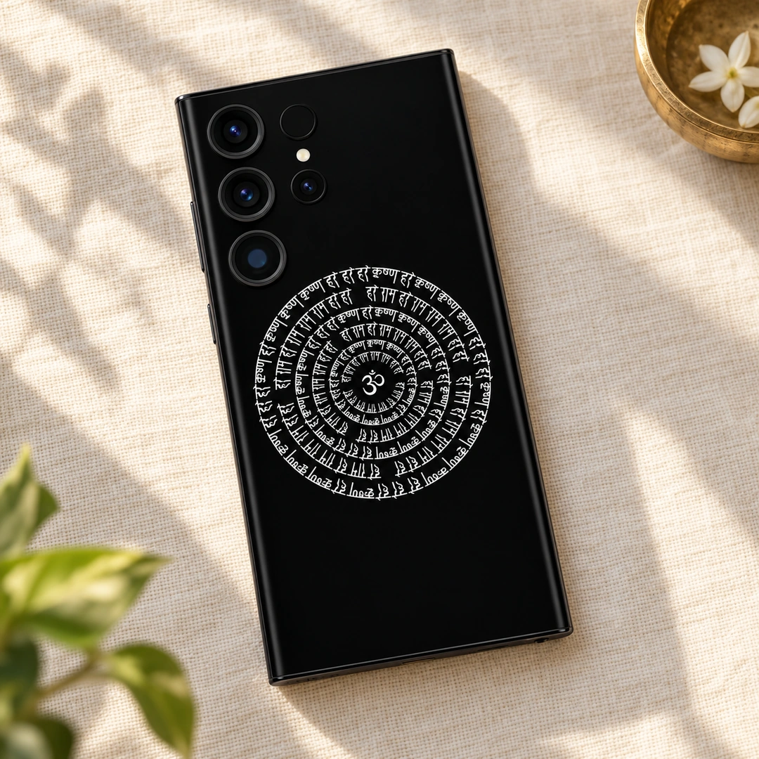 Indian Om Mantra Mandala Mobile Skin - Linen Flat Lay Black Indian mandala mobile skin with white Om and circular Devanagari mantra, linen flat lay