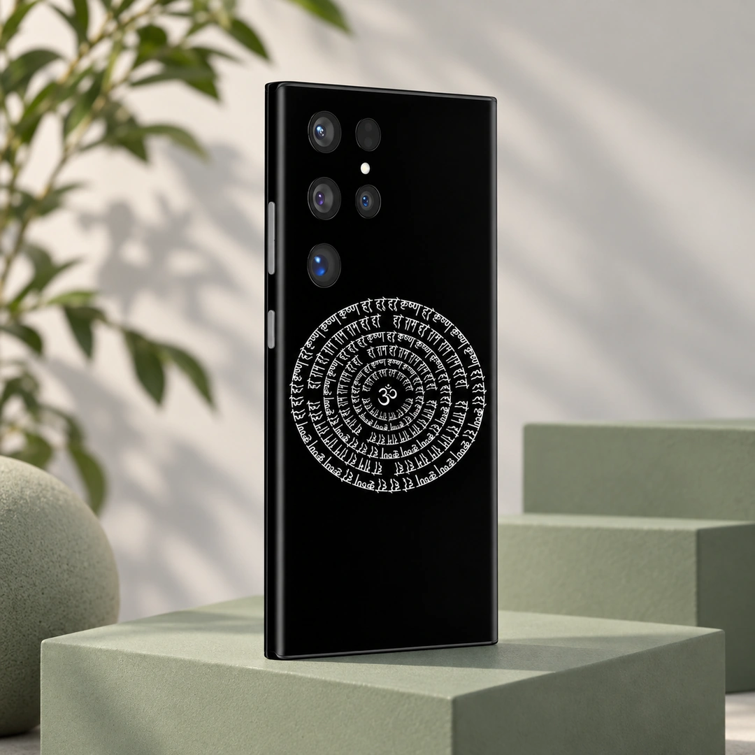 Indian Om Mantra Mandala Mobile Skin - Sage Podium Angle Black Indian mandala mobile skin with white Om and circular Devanagari mantra, sage podium angle