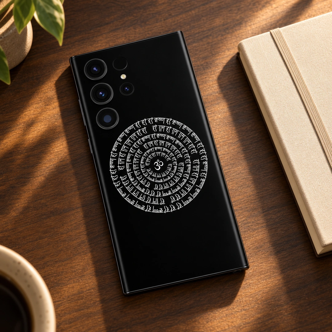 Indian Om Mantra Mandala Mobile Skin - Walnut Desk View Black Indian mandala mobile skin with white Om and circular Devanagari mantra, walnut desk view
