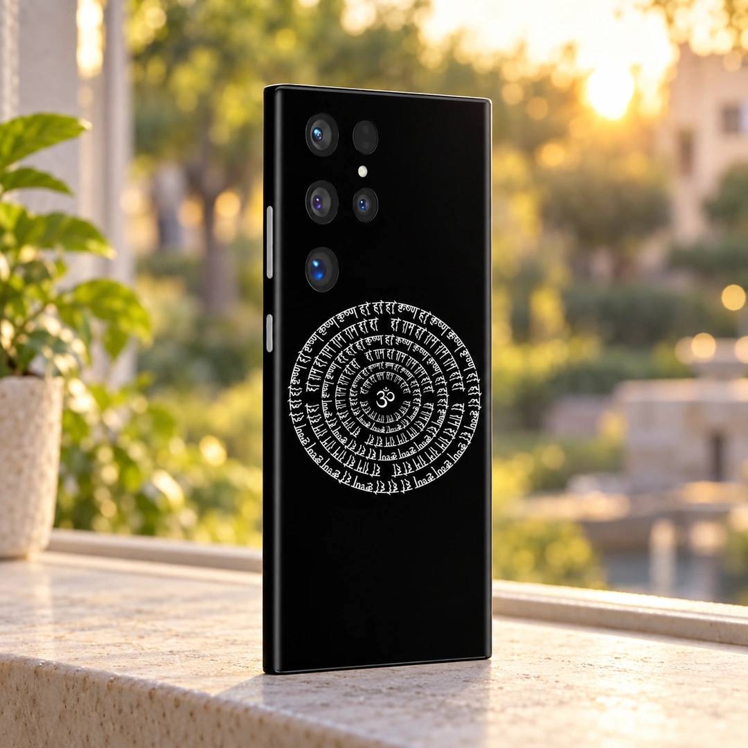 Indian Om Mantra Mandala Mobile Skin - Golden Window View Black Indian mandala mobile skin with white Om and circular Devanagari mantra, golden window view