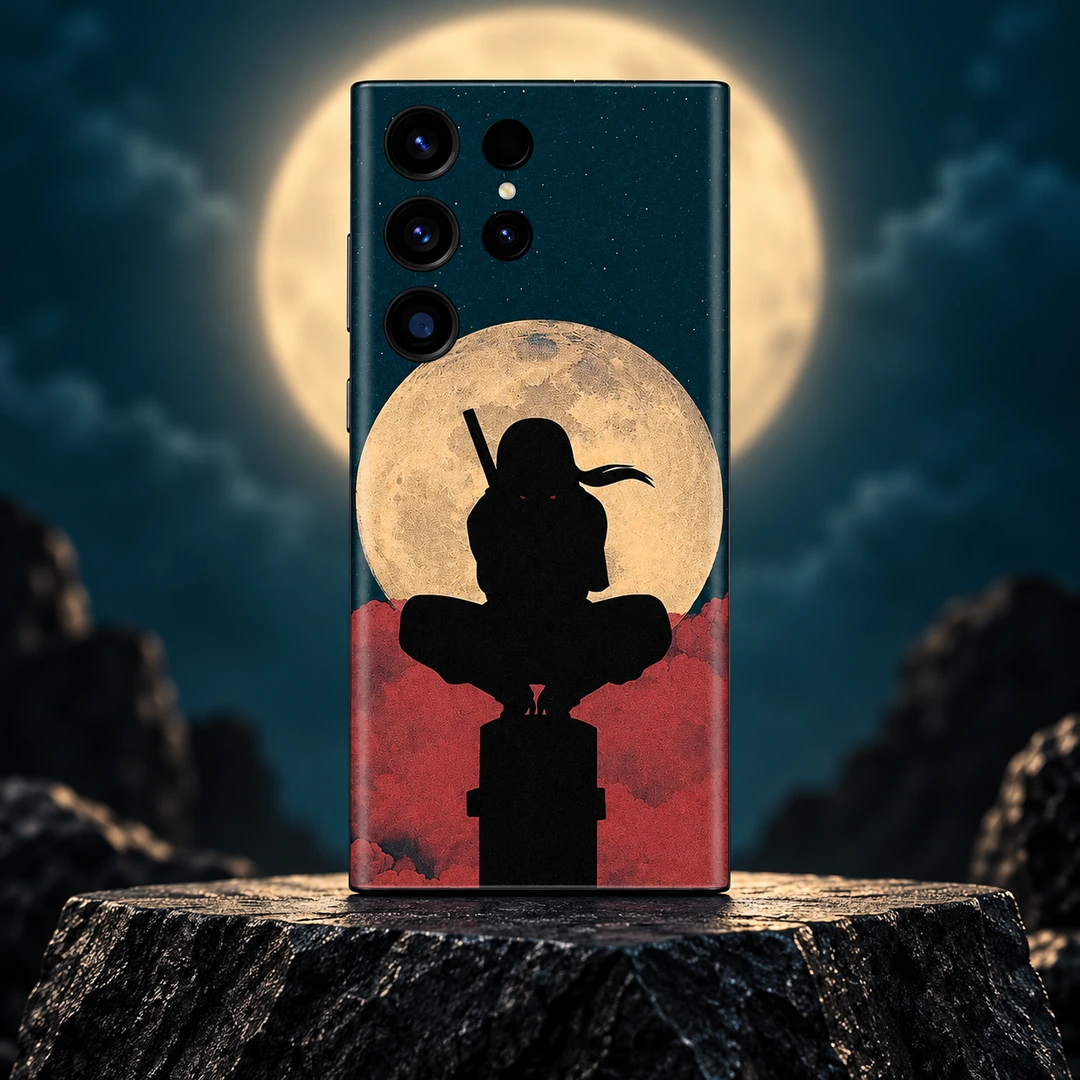 Itachi Moon Mobile Skin - Moonlit Stone Hero Itachi Moon mobile skin with black ninja silhouette and cream moon, moonlit stone hero view