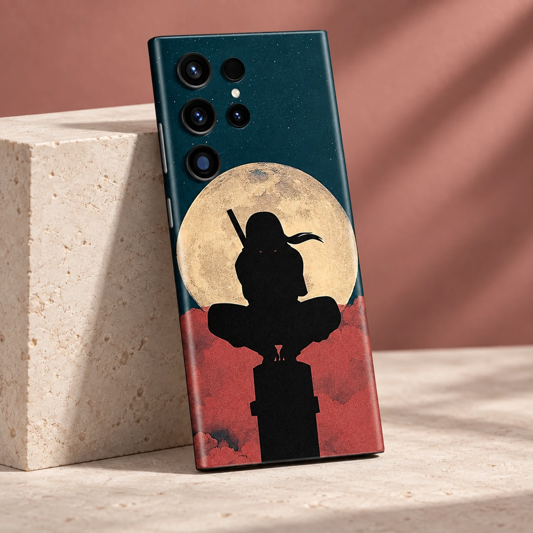 Itachi Moon Mobile Skin - Rose Limestone Studio Itachi Moon mobile skin with black ninja silhouette and cream moon, rose limestone studio view