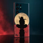 Itachi Moon mobile skin with black ninja silhouette and cream moon, red teal reflective studio view