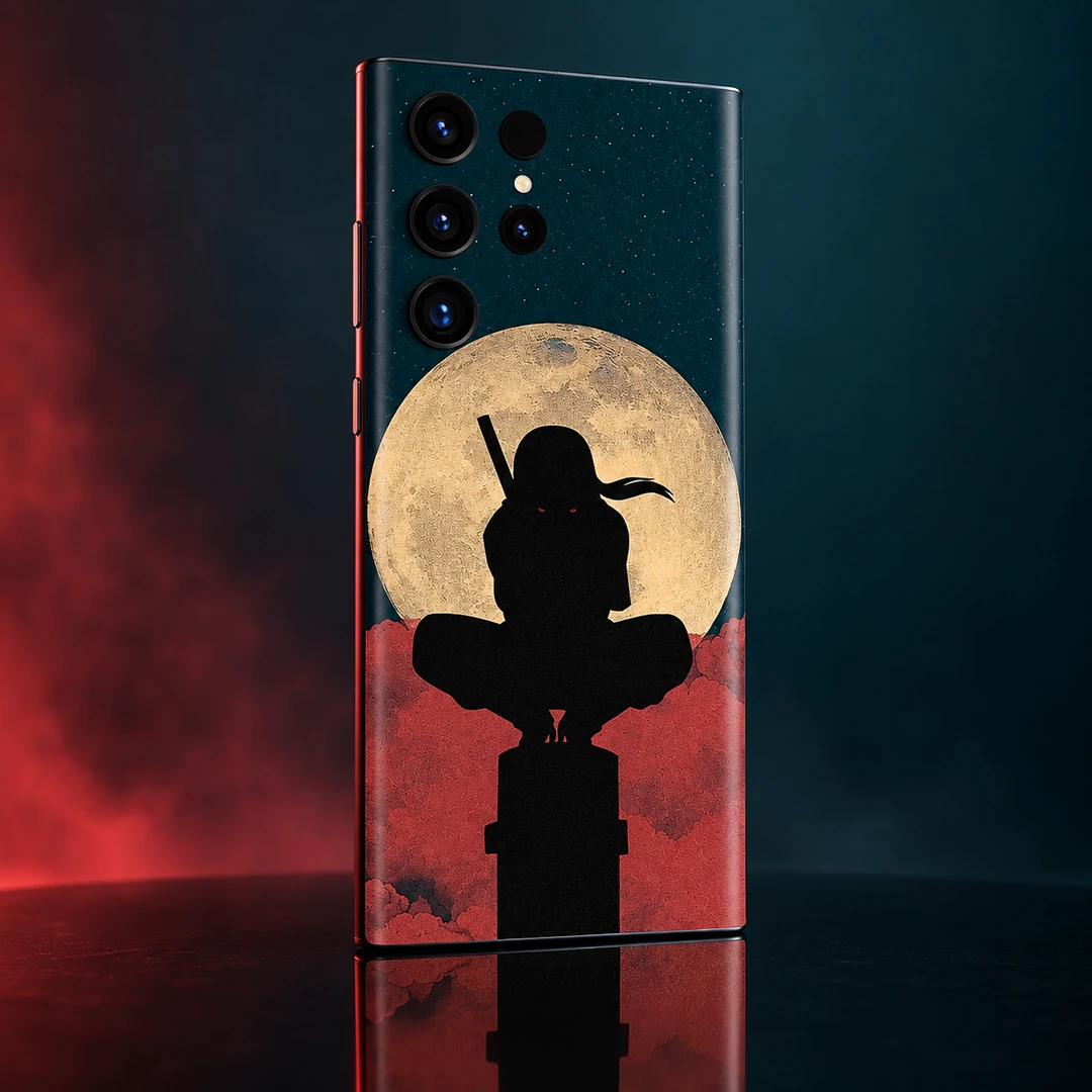 Itachi Moon Mobile Skin - Red Teal Reflective Studio Itachi Moon mobile skin with black ninja silhouette and cream moon, red teal reflective studio view