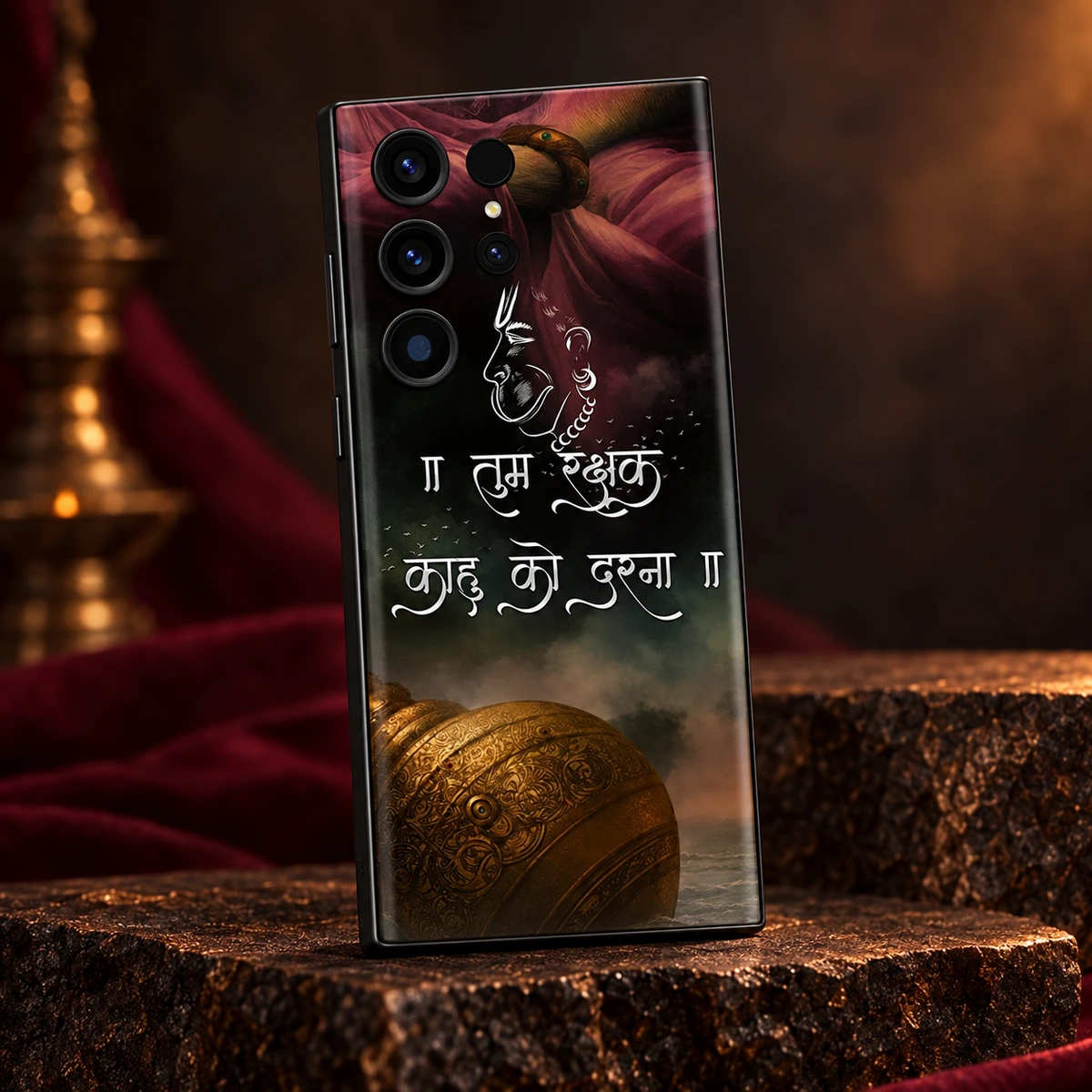 Jai Bajrangbali Hanuman Quote Mobile Skin - Bronze studio Jai Bajrangbali mobile skin with Hanuman outline, Hindi quote and golden gada - bronze studio