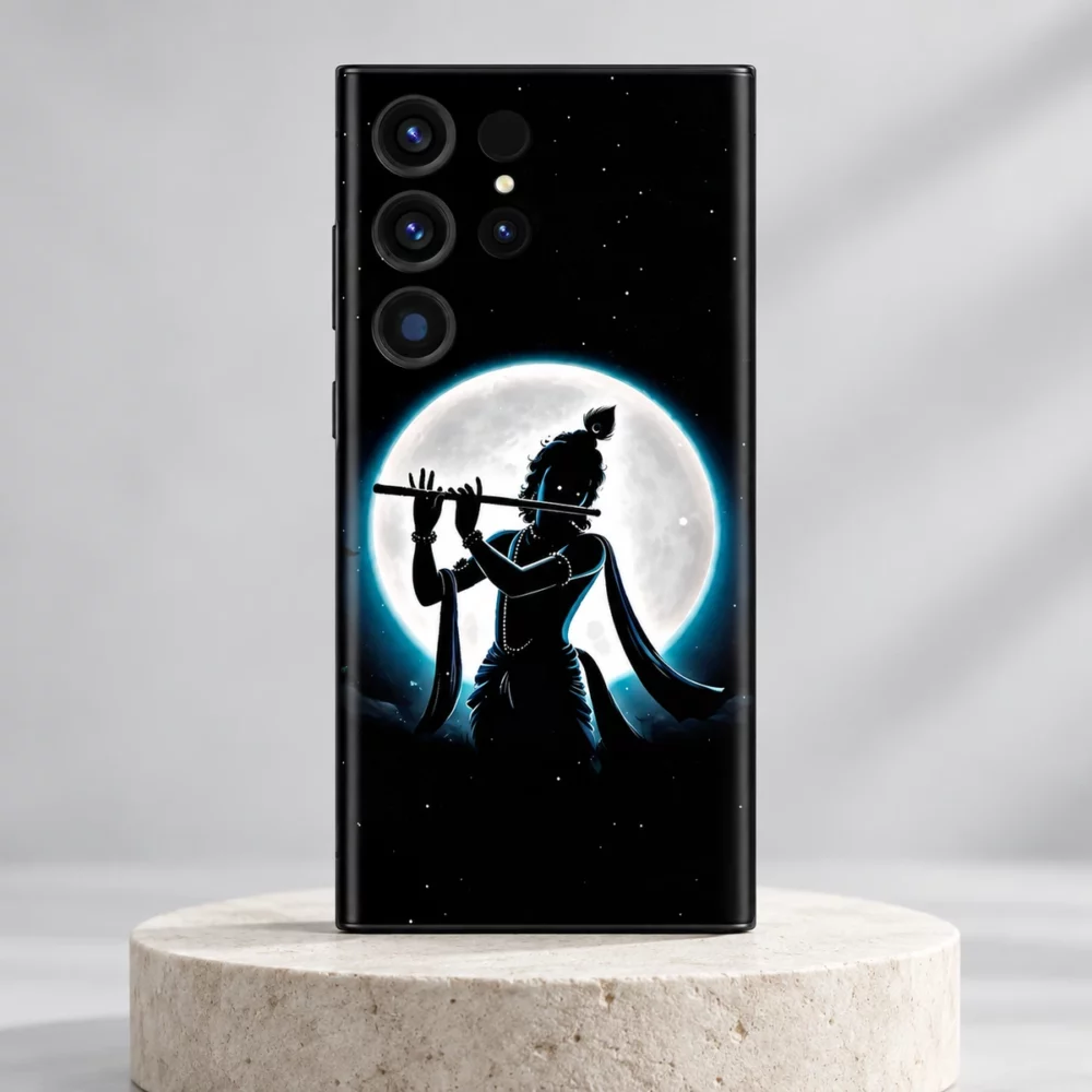 Jay Shree Krishna mobile skin with flute silhouette against a white full moon on an ivory pedestal