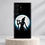 Jay Shree Krishna mobile skin with flute silhouette against a white full moon on an ivory pedestal