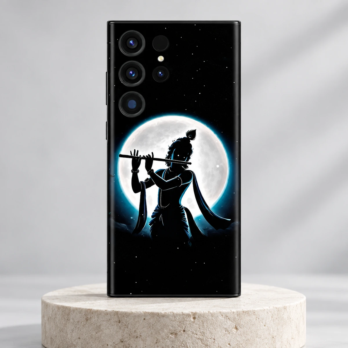 Jay Shree Krishna Full Moon Flute Mobile Skin - Ivory hero Jay Shree Krishna mobile skin with flute silhouette against a white full moon on an ivory pedestal