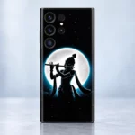 Close view of Krishna flute silhouette and white full moon mobile skin artwork