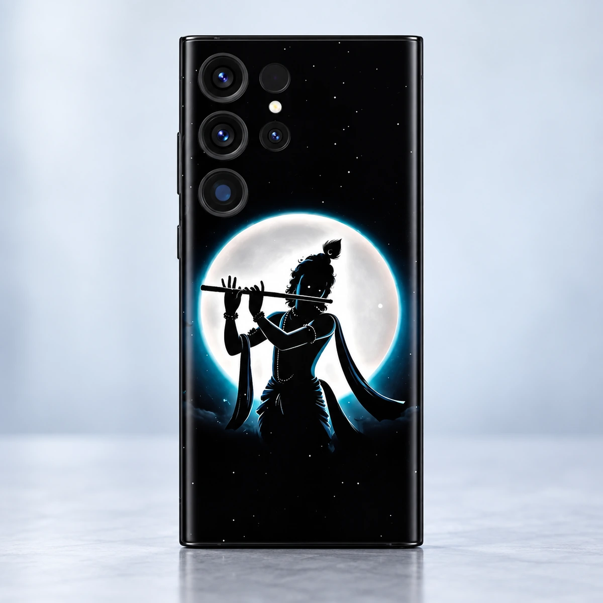 Jay Shree Krishna Full Moon Flute Mobile Skin - Silhouette detail Close view of Krishna flute silhouette and white full moon mobile skin artwork