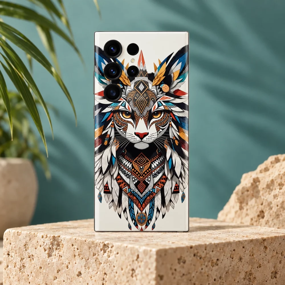 Jungle Cat Feather Art Mobile Skin shown teal botanical studio hero
