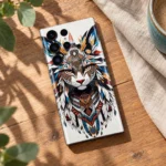 Jungle Cat Feather Art Mobile Skin shown wood and linen flat lay