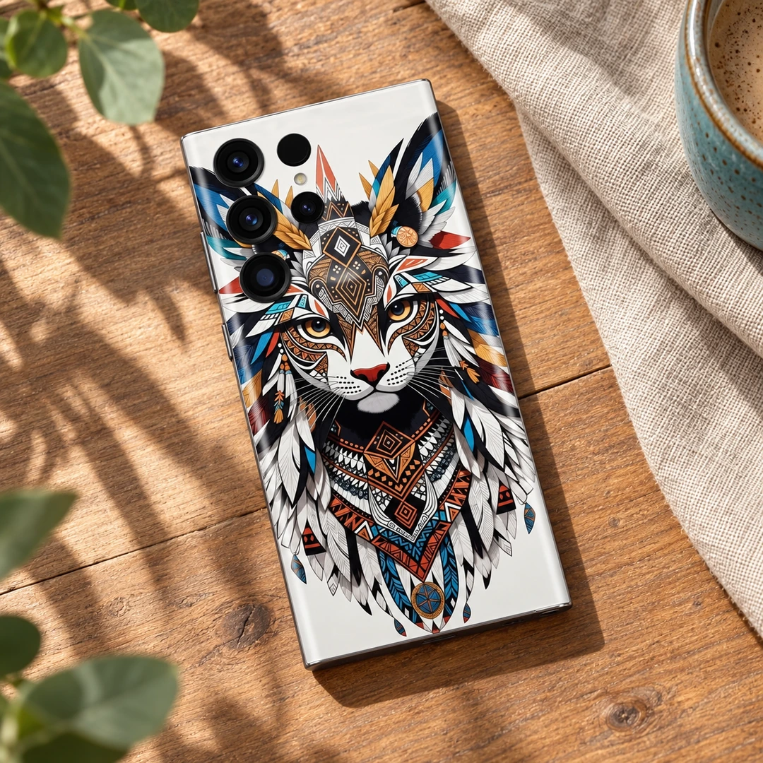 Jungle Cat Feather Art Mobile Skin - Wood and linen flat lay Jungle Cat Feather Art Mobile Skin shown wood and linen flat lay