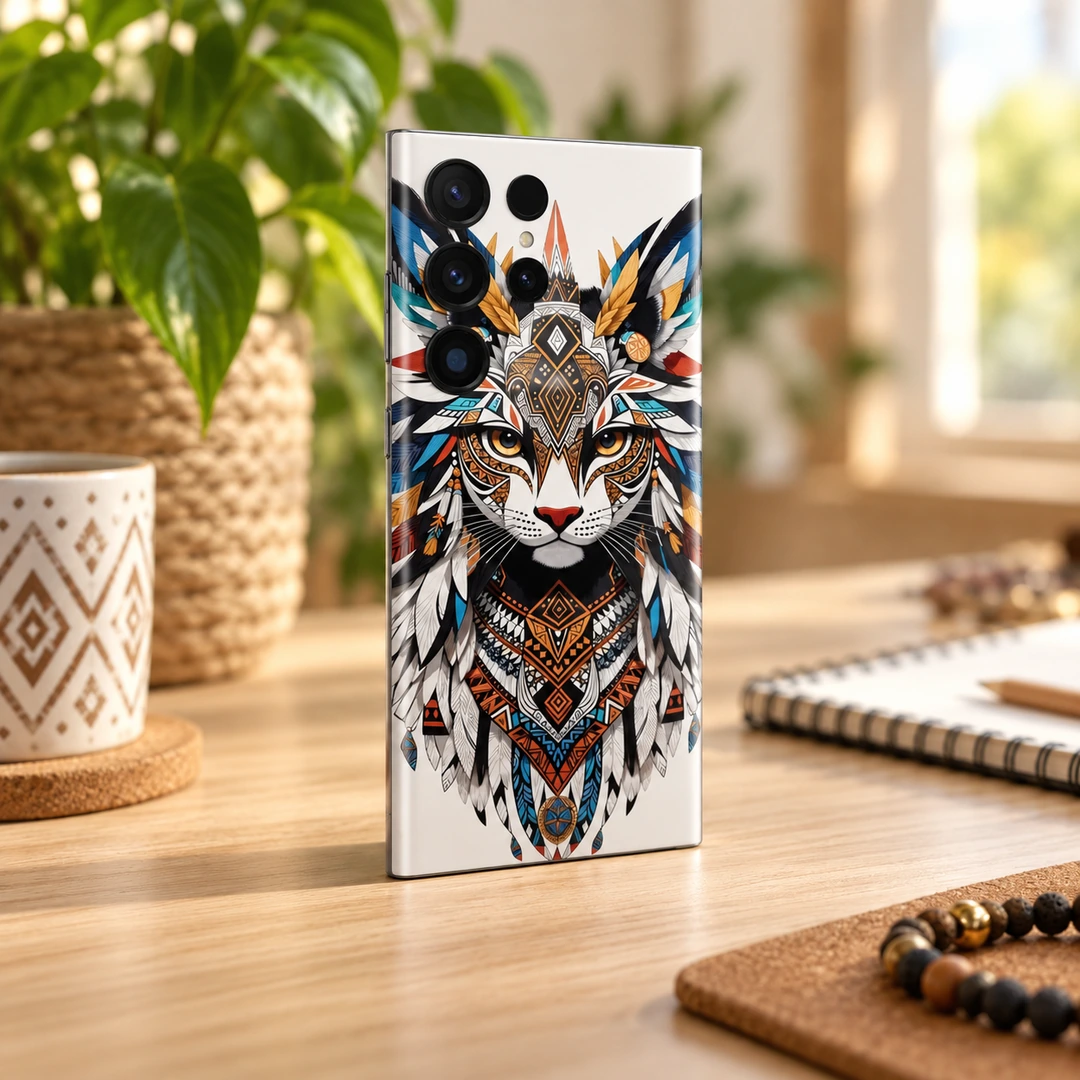 Jungle Cat Feather Art Mobile Skin - Angled creative desk view Jungle Cat Feather Art Mobile Skin shown angled creative desk view