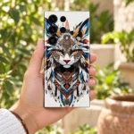 Jungle Cat Feather Art Mobile Skin shown handheld courtyard view