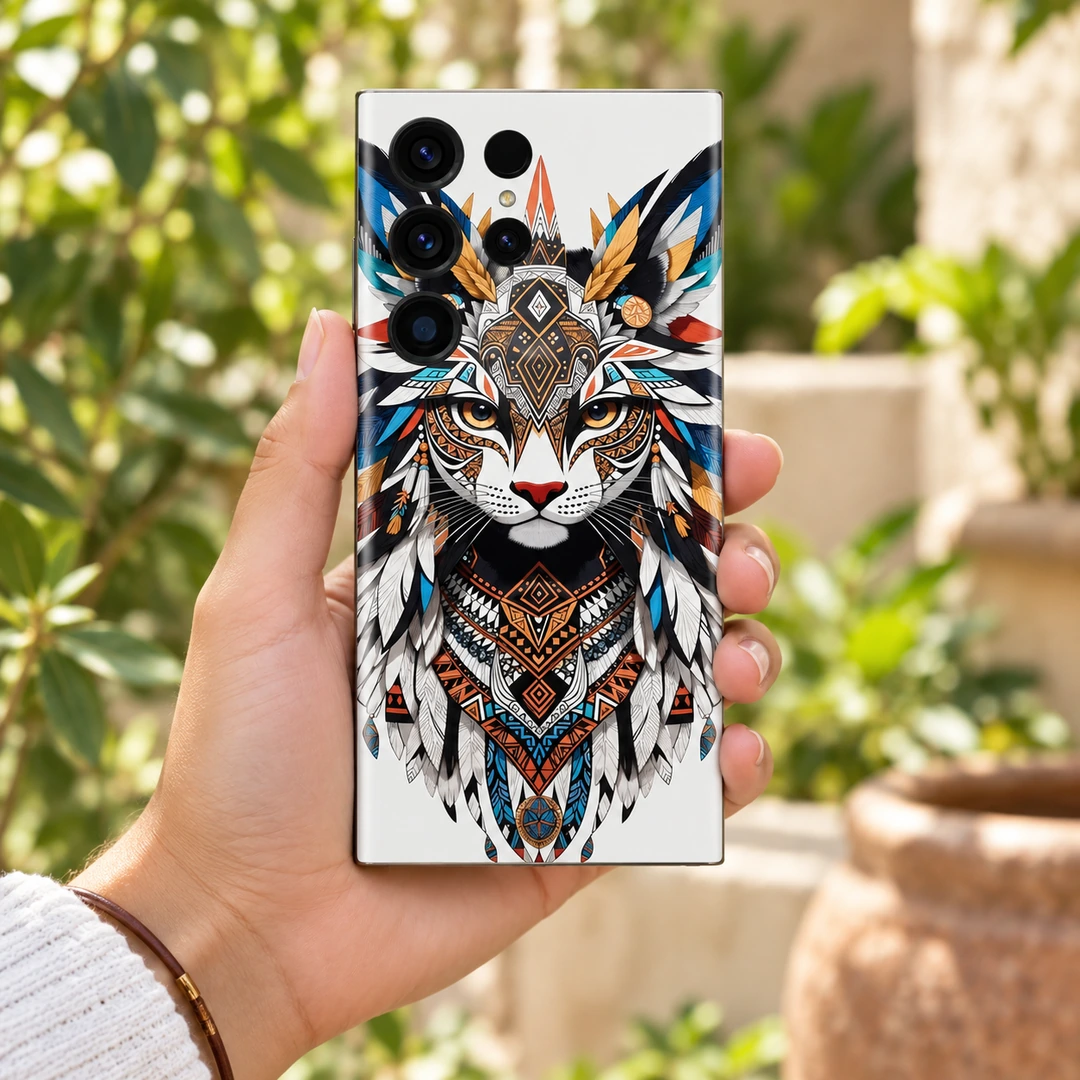 Jungle Cat Feather Art Mobile Skin - Handheld courtyard view Jungle Cat Feather Art Mobile Skin shown handheld courtyard view