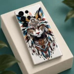 Jungle Cat Feather Art Mobile Skin shown angled cream-block detail