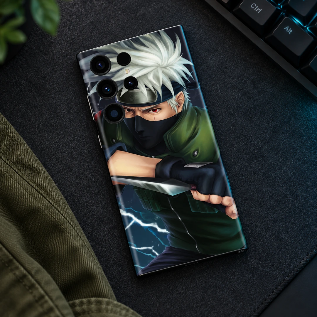 Kakashi Lightning Mobile Skin - Charcoal desk flat lay Kakashi Lightning Mobile Skin shown in charcoal desk flat lay