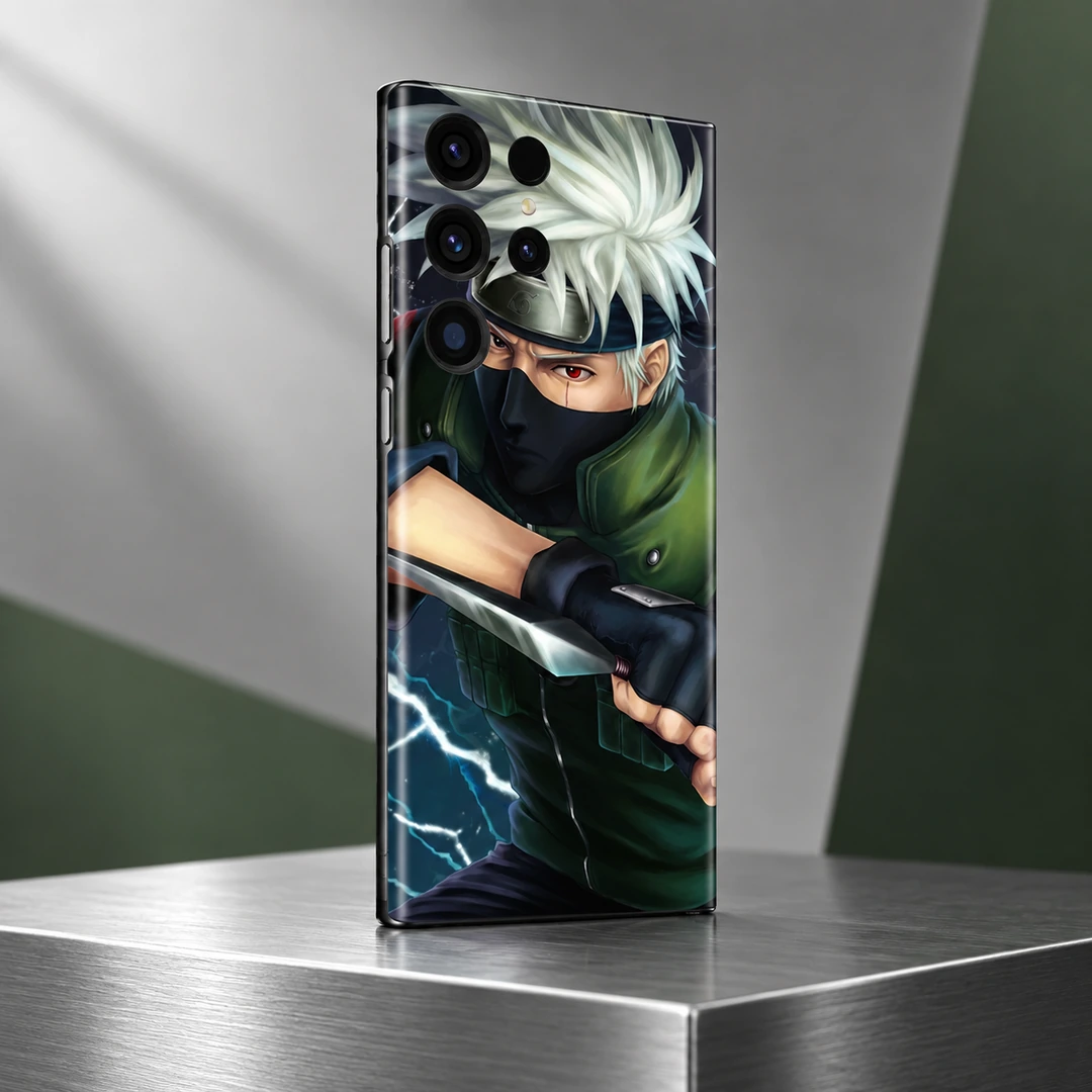 Kakashi Lightning Mobile Skin - Silver studio angled view Kakashi Lightning Mobile Skin shown in silver studio angled view